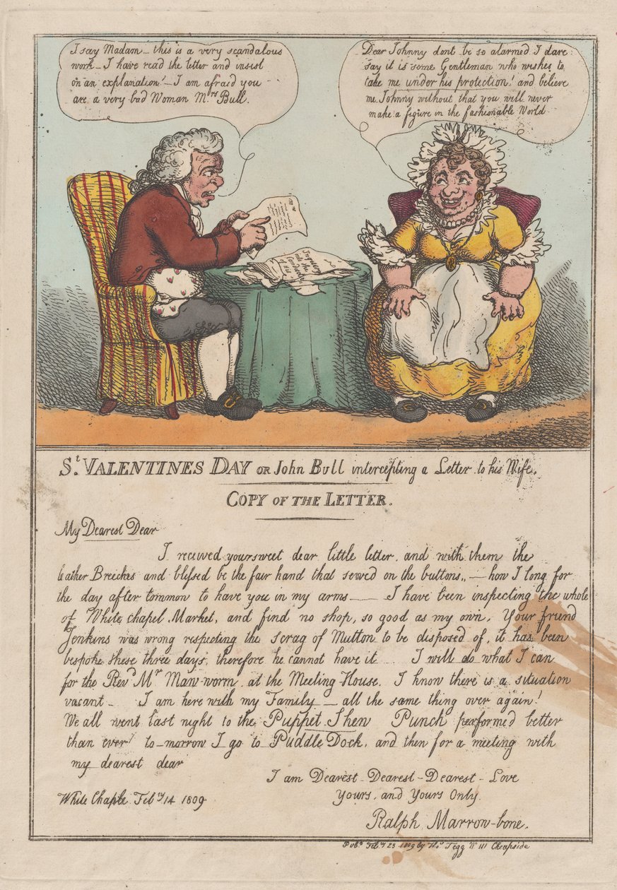 Alla hjärtans dag eller John Bull som avlyssnar ett brev till sin fru, februari ..., 23 februari 1809. av Thomas Rowlandson