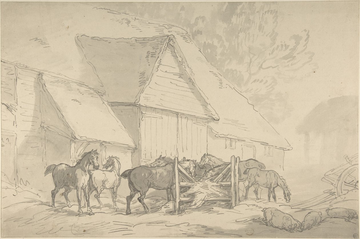 Hästgård med hästar av Thomas Rowlandson