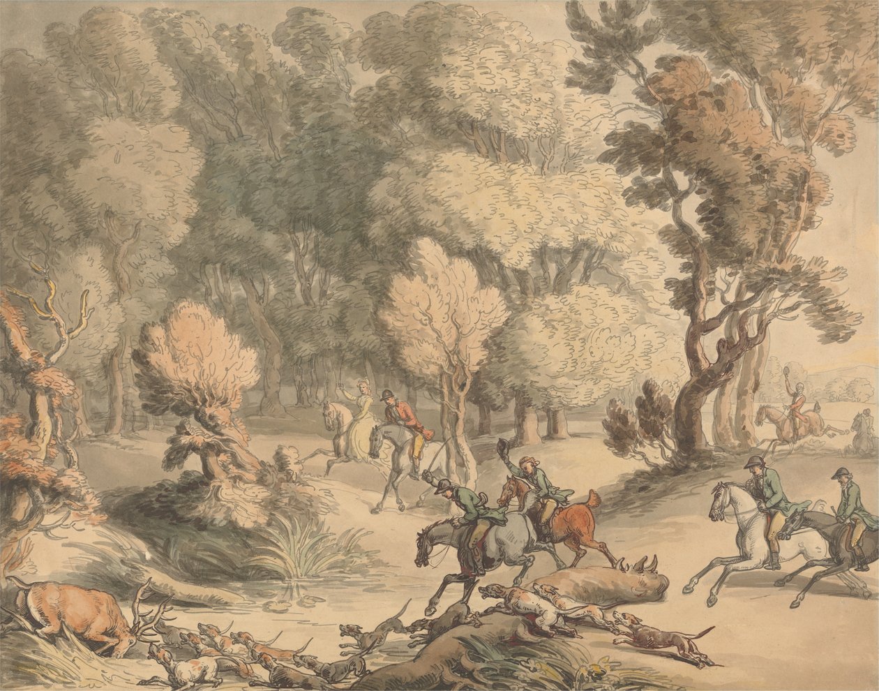 Hjort i bukten - scen nära Taplow, Berks, ca 1795-1801 (penna, bläck, akvarell med inslag av bodycolour på papper) av Thomas Rowlandson