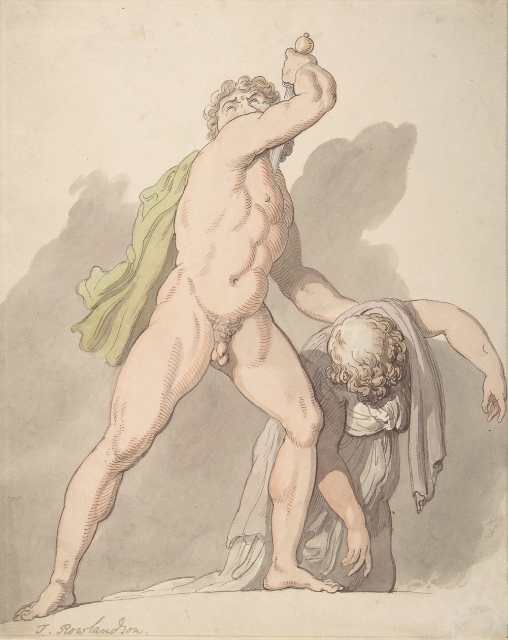 Stående naken man som stöder svimningskvinna Ludovisi Gallien i Uffizierna, 1780-1827. av Thomas Rowlandson