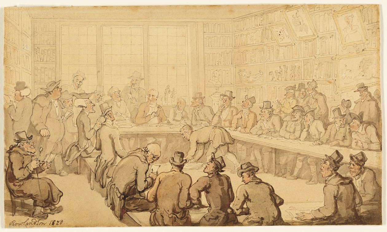 Studera för Dr. Syntax på en bokauktion av Thomas Rowlandson