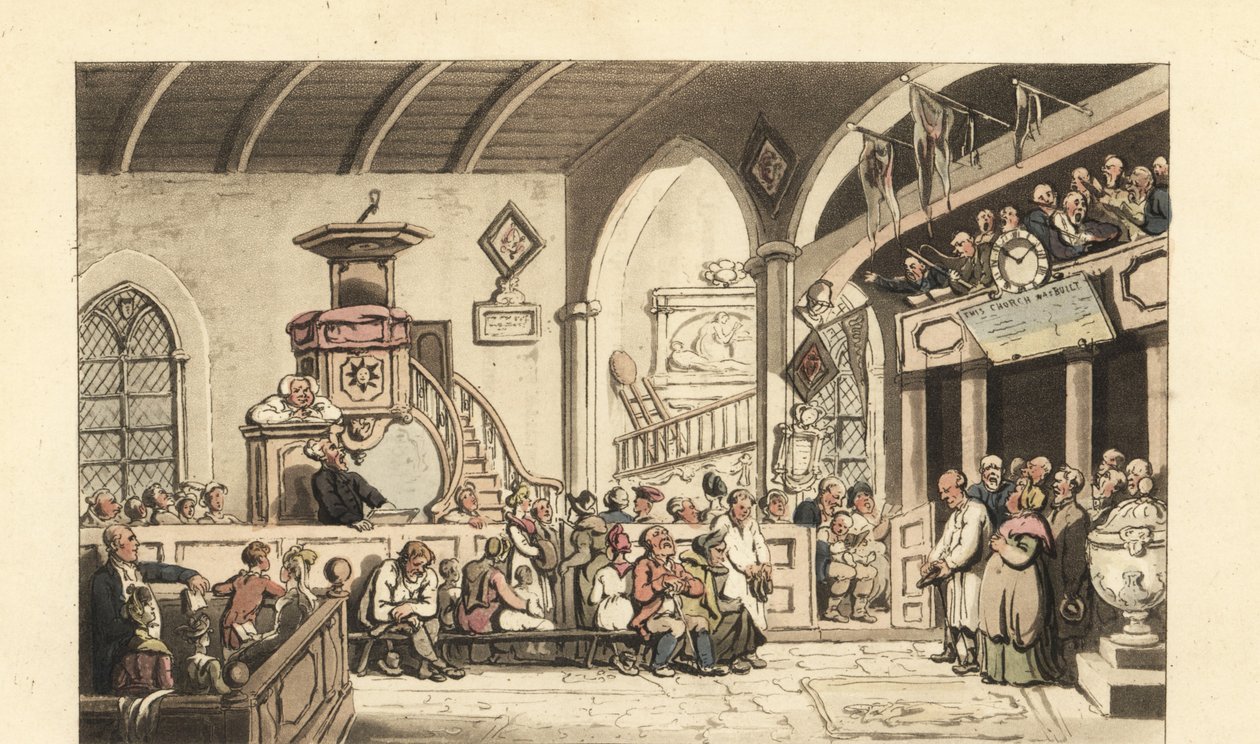 Söndagsgudstjänst i en lantkyrka, Regency Era av Thomas Rowlandson