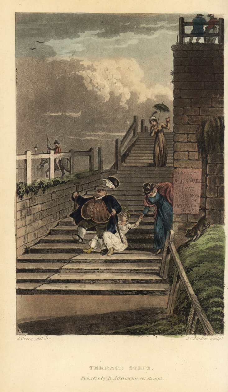 Terrasstrappor: turister tumlar nerför trappan på Cliff Terrace. Handkolorerad kopparstick av Thomas Rowlandson, akvatint av J.C. Stadler, efter en skiss av J. Green från Poetical Sketches of Scarborough, Ackermann, London av Thomas Rowlandson