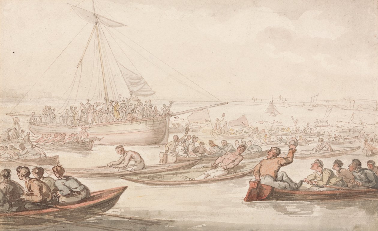 Det årliga scullloppet för Doggetts kappa och märke av Thomas Rowlandson