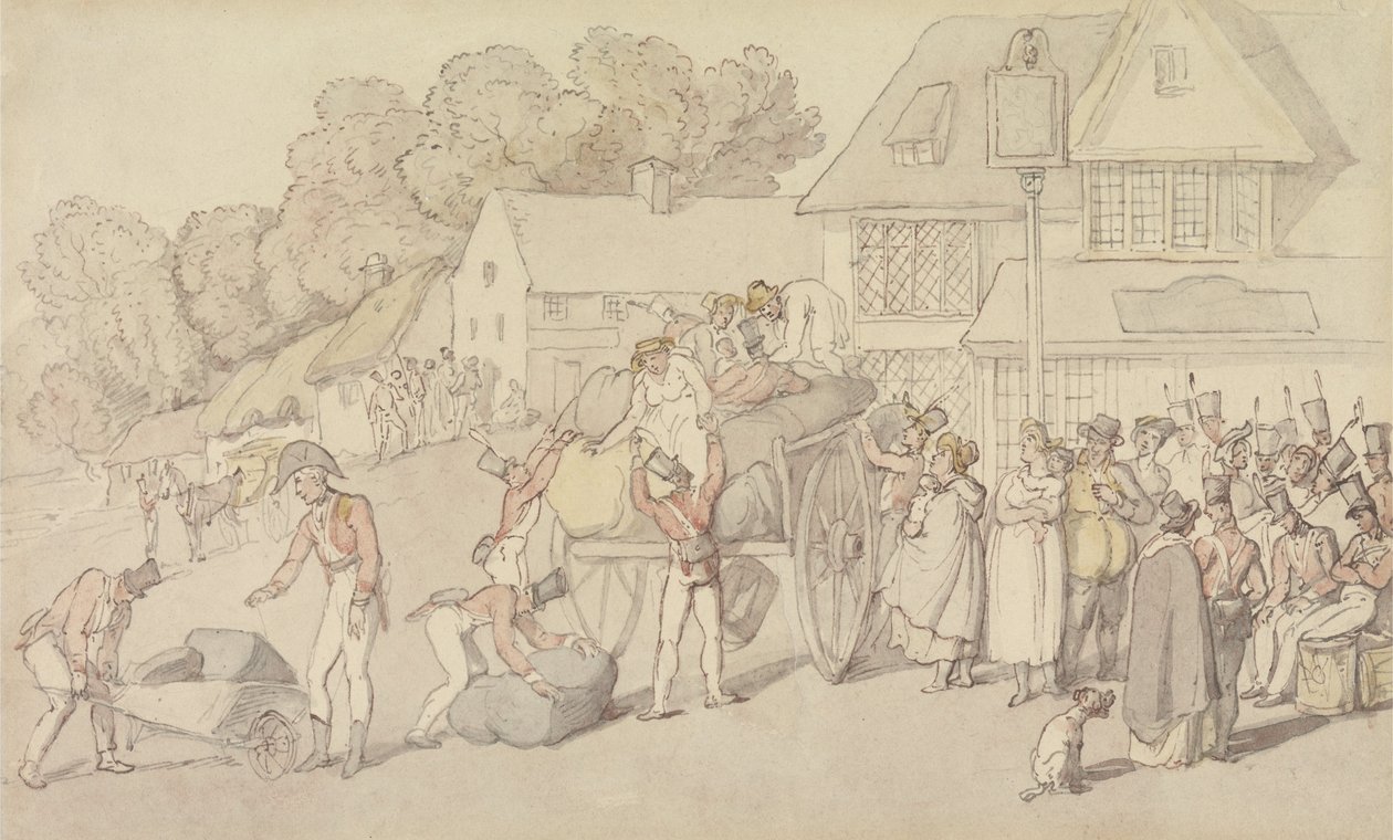 Ankomsten av en milisstyrka till ett värdshus av Thomas Rowlandson