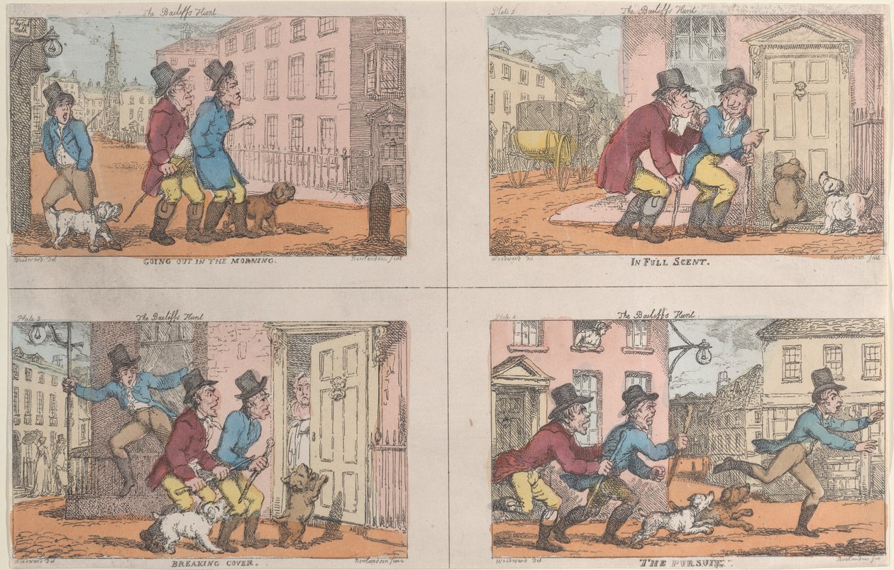 Fogdens jakt: Att gå ut på morgonen, i full doft, bryta täcket och förföljelsen..., 1809. av Thomas Rowlandson