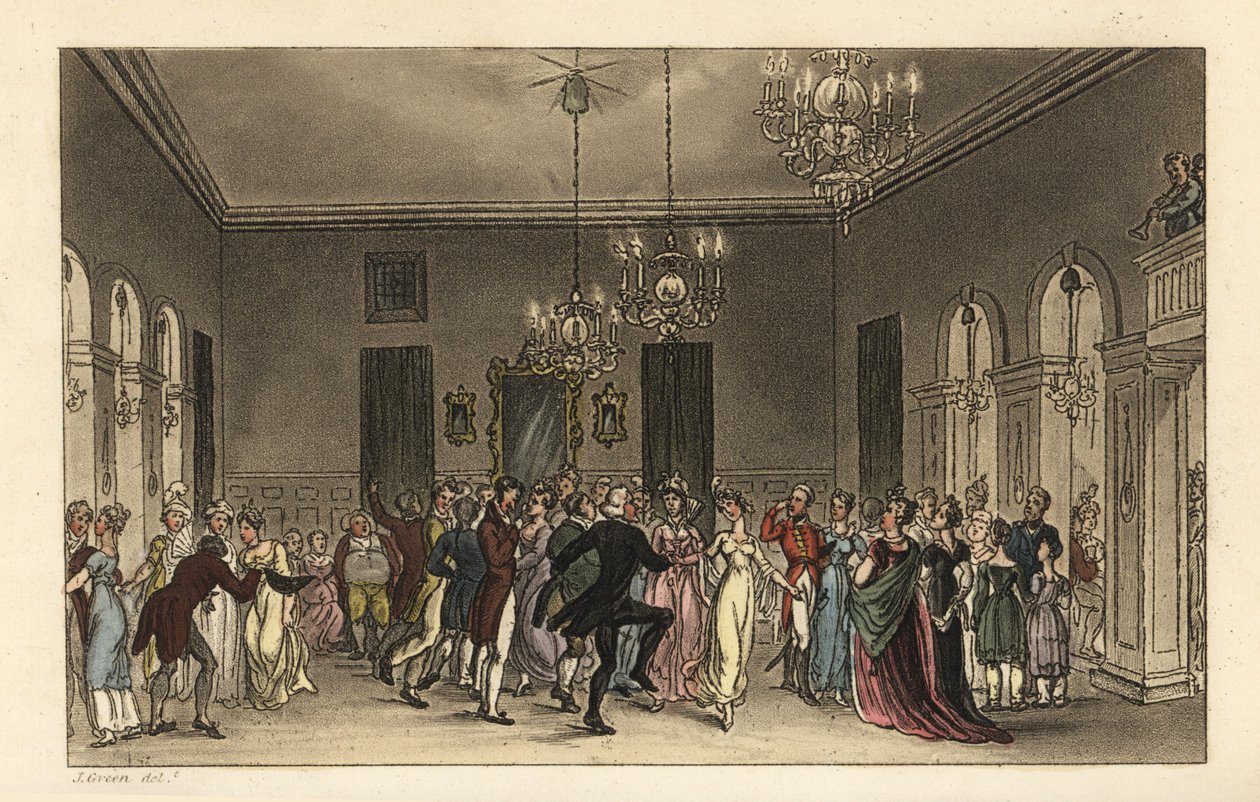 The Ball Room: fashionabla turister som dansar i Scarborough Assembly Rooms. Varje herre som dansar betalar 2s, och varje dam som dricker te betalar 1s. Handkolorerad kopparstick av Thomas Rowlandson efter en skiss av J. Green från Poetical Sketches av Thomas Rowlandson
