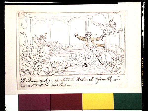 Baronen håller ett tal till nationalförsamlingen och driver ut alla medlemmar (penna & bläck och akvarell på papper) av Thomas Rowlandson