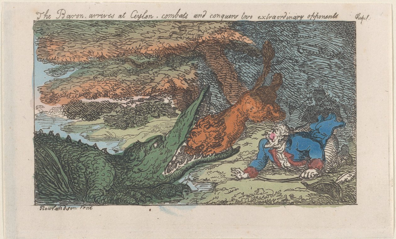 Baronen anländer till Ceylon, bekämpar och erövrar två extraordinära motståndare... [1809], återutgiven 1811. av Thomas Rowlandson