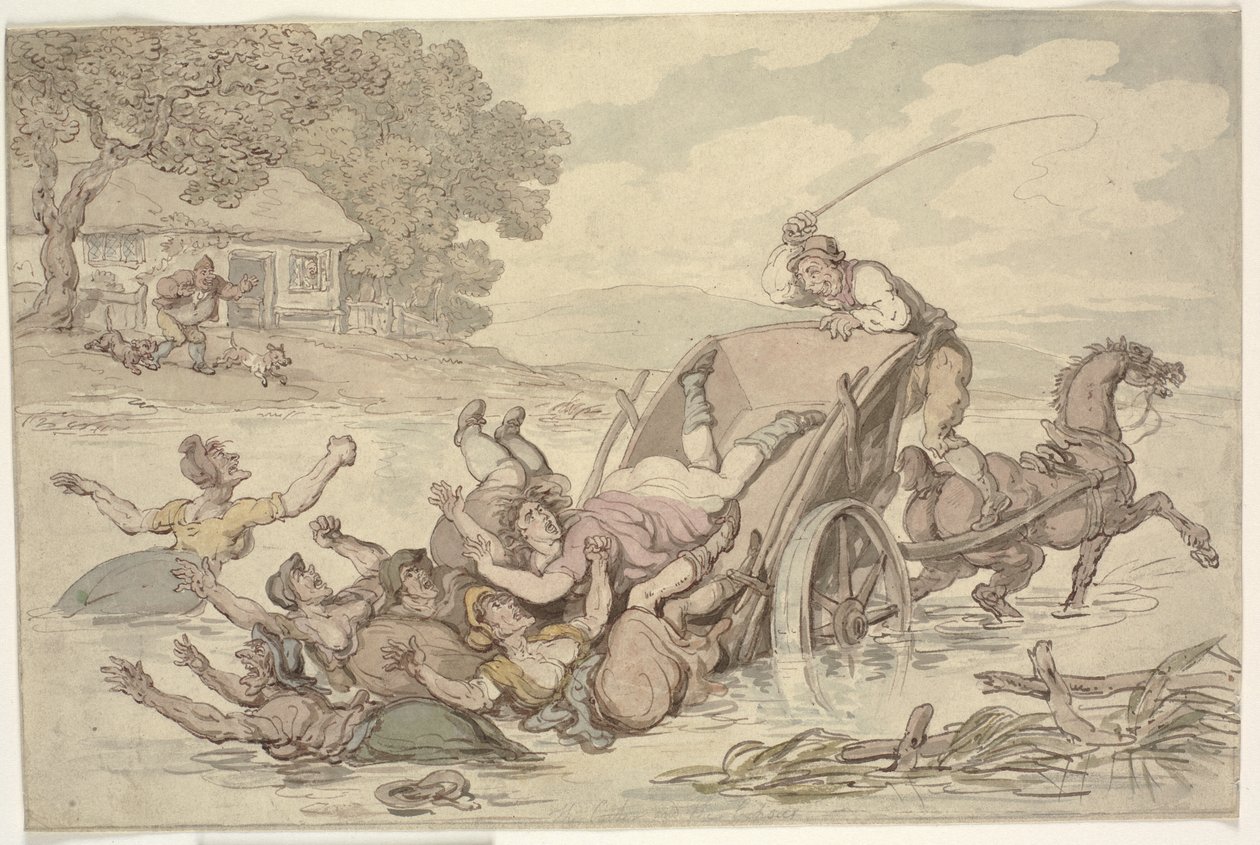 "The Carter and the Gypsies": En vagn välte i en bäck och tippar en grupp kvinnor i vattnet av Thomas Rowlandson