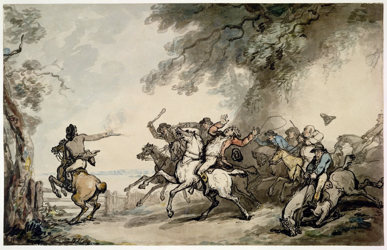 The Chase of the Highwayman, ca 1790 (penna, bläck, wc och penna på papper) av Thomas Rowlandson