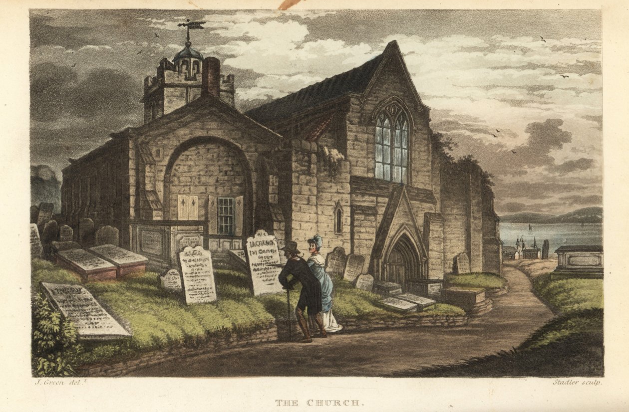 Kyrkan: gamla turister som läser gravstenarna på en gotisk kyrkogård. Handkolorerad kopparstick av Thomas Rowlandson, akvatint av J.C. Stadler, efter en skiss av J. Green från Poetical Sketches of Scarborough, Ackermann, London av Thomas Rowlandson