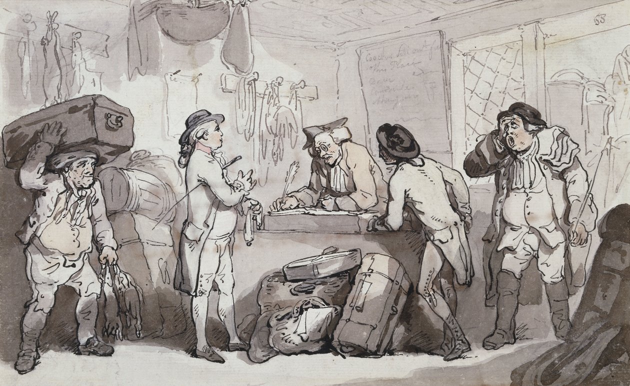 The Coach Booking Office: Thomas Rowlandson och Henry Wigstead bokar sin passage, av Thomas Rowlandson