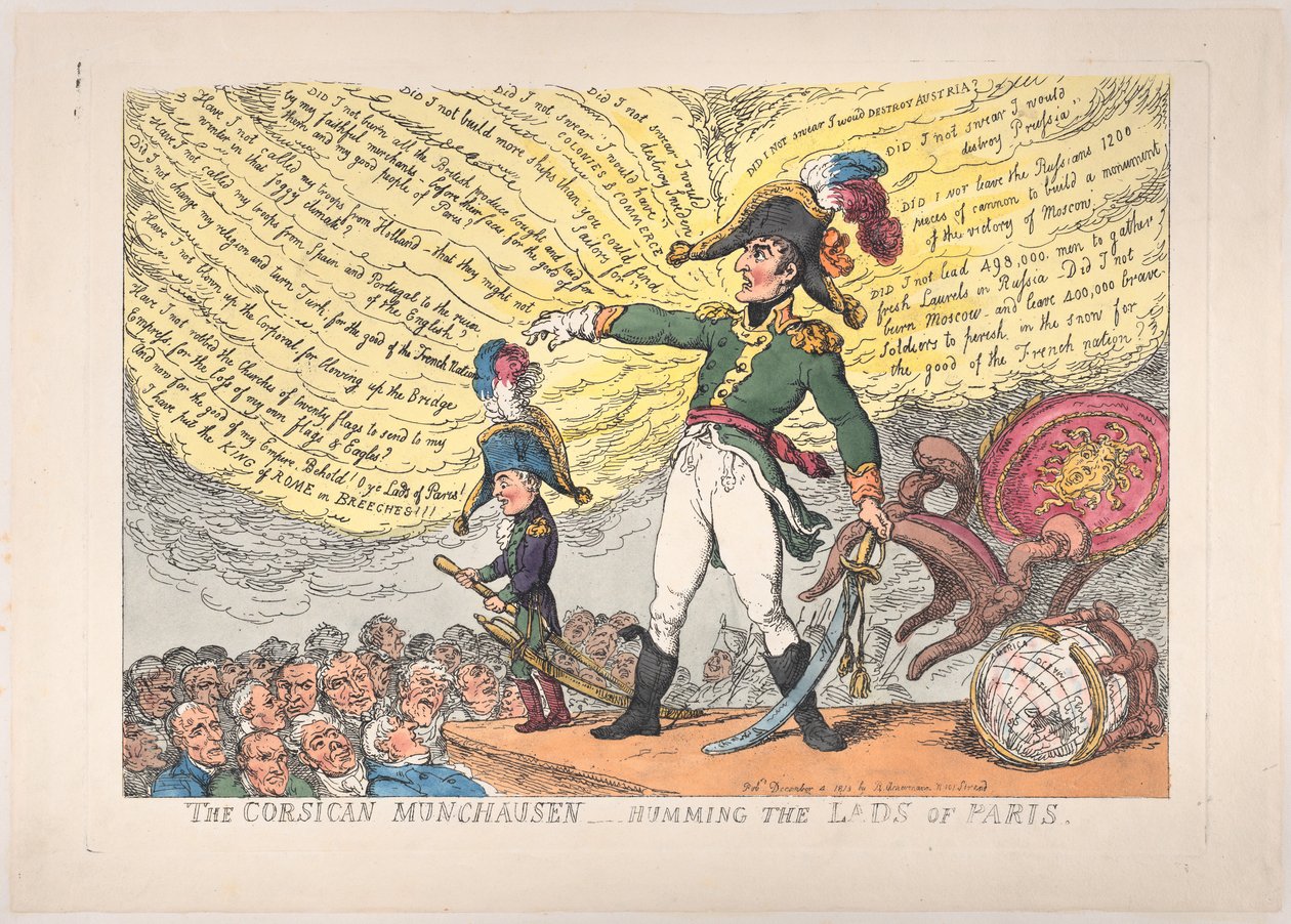 The Corsican Munchausen - Humming the Lads of Paris, 4 december 1813., 4 december 1813. av Thomas Rowlandson