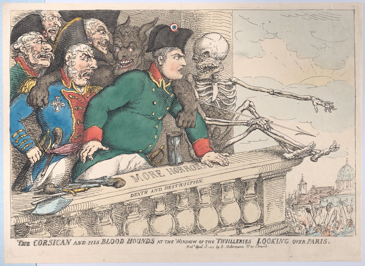 Korsikaneren och hans blodhundar vid fönstret i Thuillerierna ser över P..., 16 april 1815. av Thomas Rowlandson