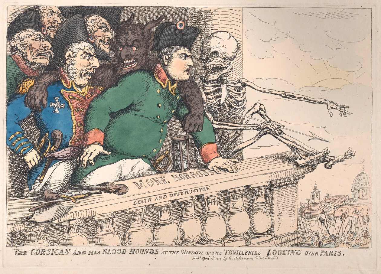 Korsikaneren och hans blodhundar vid fönstret i Thuillerierna ser över P..., 16 april 1815. av Thomas Rowlandson