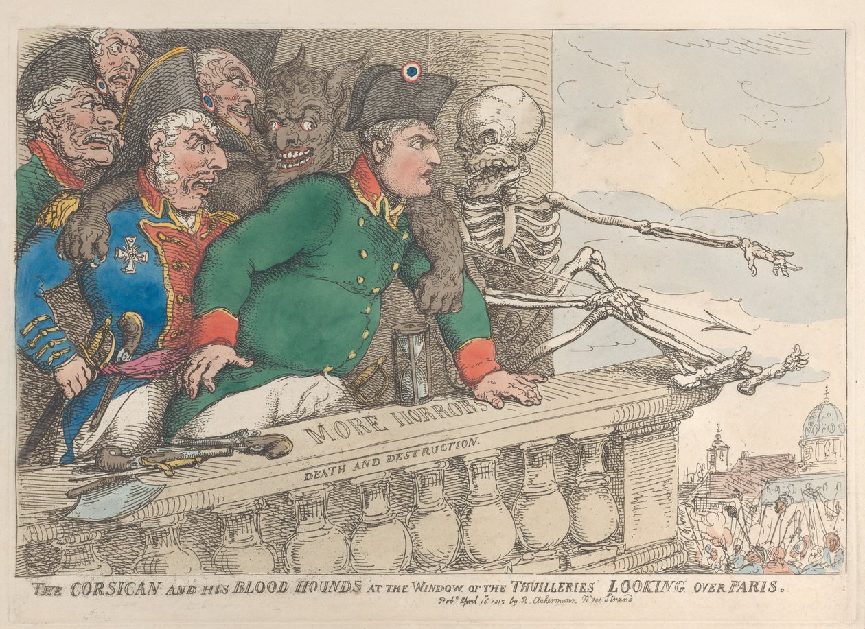 Korsikaneren och hans blodhundar vid fönstret i Thuillerierna ser över P..., 16 april 1815. av Thomas Rowlandson
