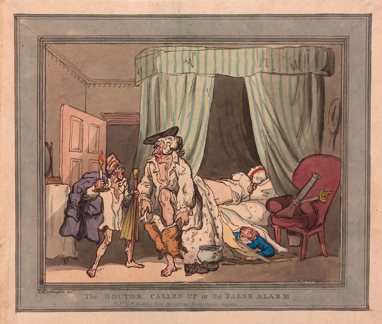 The Doctor Called Up eller False Alarm, pub. 1786 (handfärgad gravyr) av Thomas Rowlandson