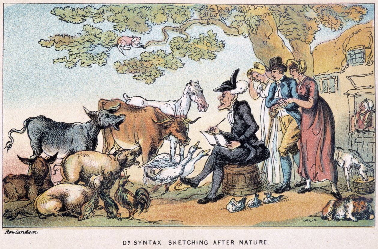 The Doctor drar husdjur från naturen - i "" Doctor Syntax tre turer: på jakt efter den pittoreska trösten och en fru"" av William Combe, ill. Rowlandson av Thomas Rowlandson