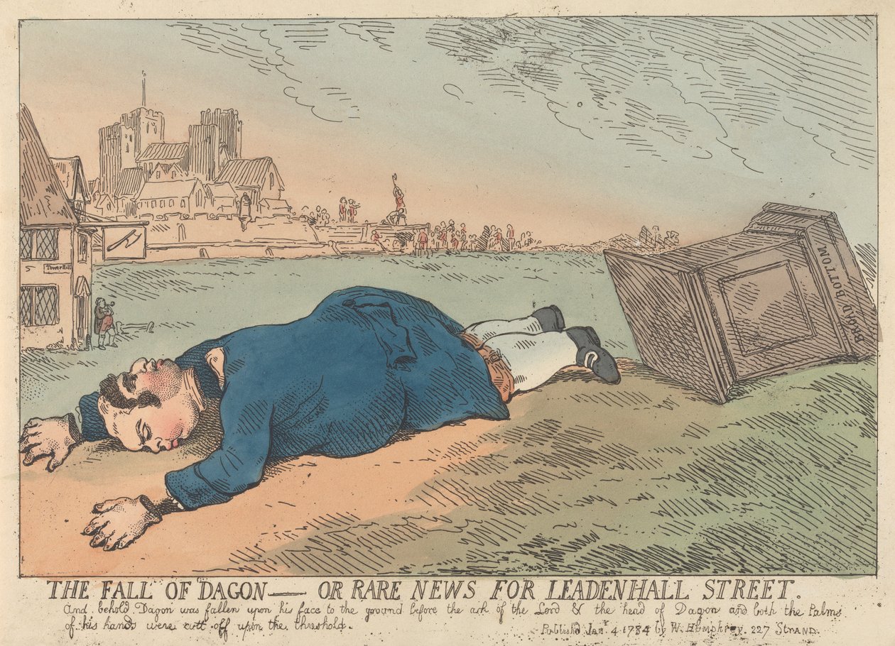 ”The Fall of Dagon” – eller sällsynta nyheter från Leadenhall Street av Thomas Rowlandson