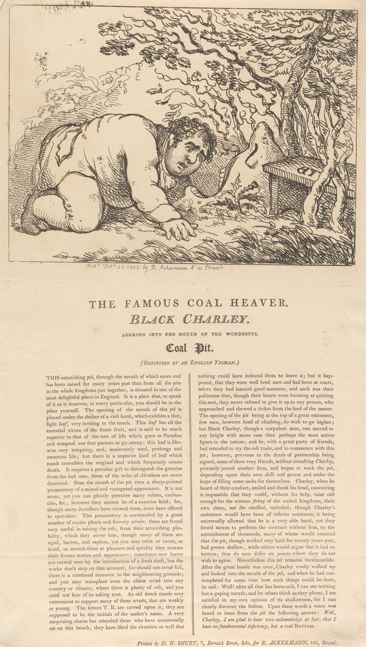 Den berömde kolbäraren Black Charley tittar in i mynningen till det fantastiska kolgruvet av Thomas Rowlandson