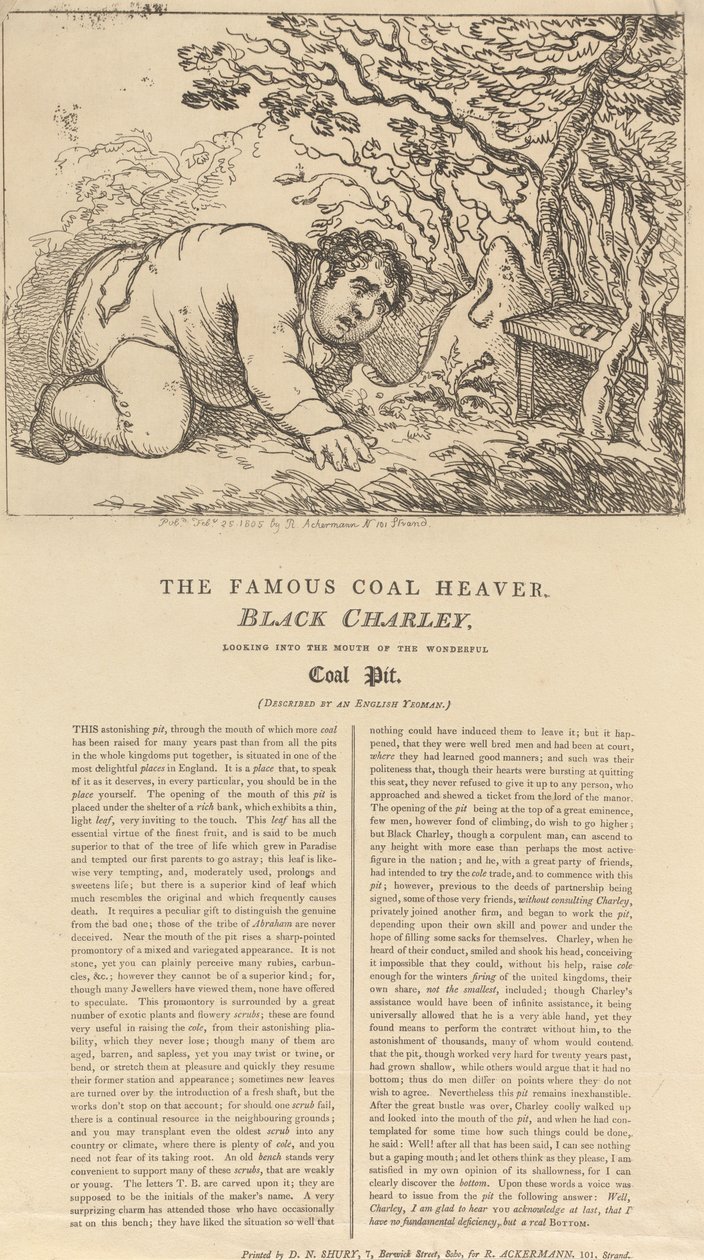 Den berömde kolbäraren, Black Charley, tittar in i mynningen till den fantastiska kolgruvan av Thomas Rowlandson