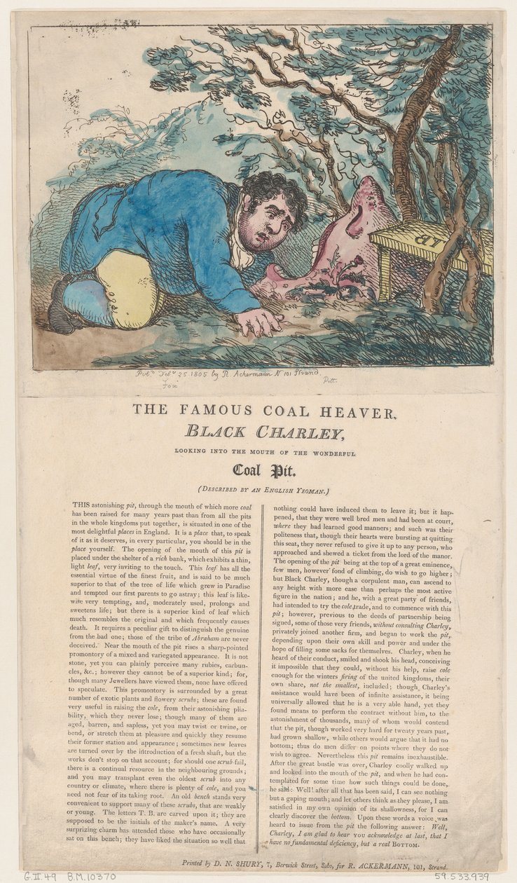 The Famous Coal Heaver Black Charley Looking into the Mouth of the Wonderful ..., 25 februari 1805. av Thomas Rowlandson