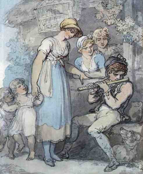 Flöjtspelaren (penna, akvarell och penna på papper) av Thomas Rowlandson