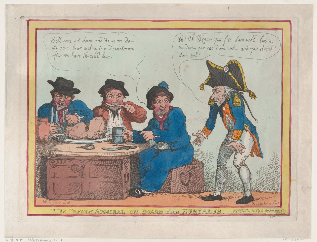 Den franske amiralen ombord på Euryalus, 11 december 1803., 11 december 1803. av Thomas Rowlandson