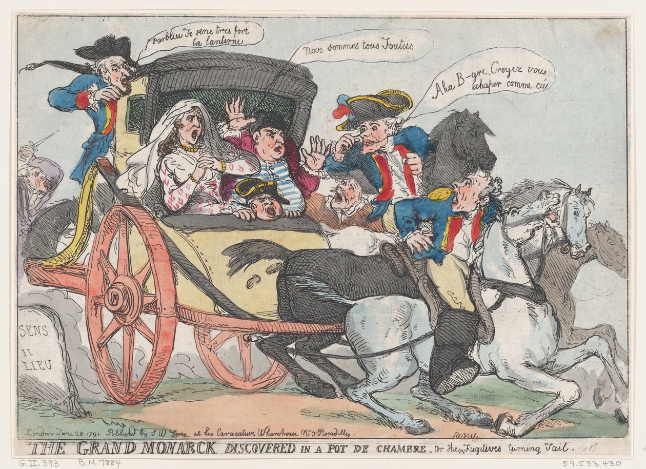 The Grand Monarck Discovered in a Pot de Chambre, eller The Fugitives Turning Tail, ..., 28 juni 1791. av Thomas Rowlandson