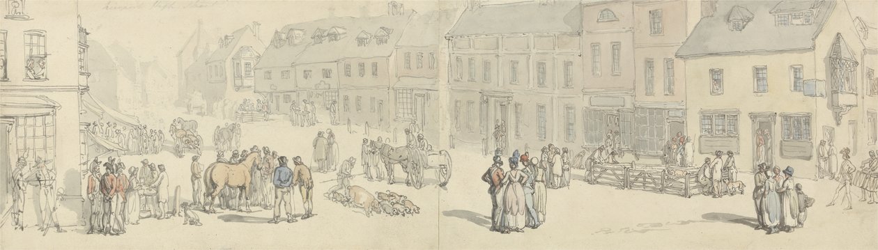 The High Street on Market day, Newport, Isle of Wight, ca 1797-1800 (penna & bläck & wc på papper) av Thomas Rowlandson