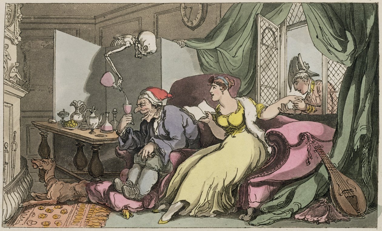 Smekmånaden, illustration från "den engelska dödsdansen", pub. av R. Ackermann (färgstick) av Thomas Rowlandson