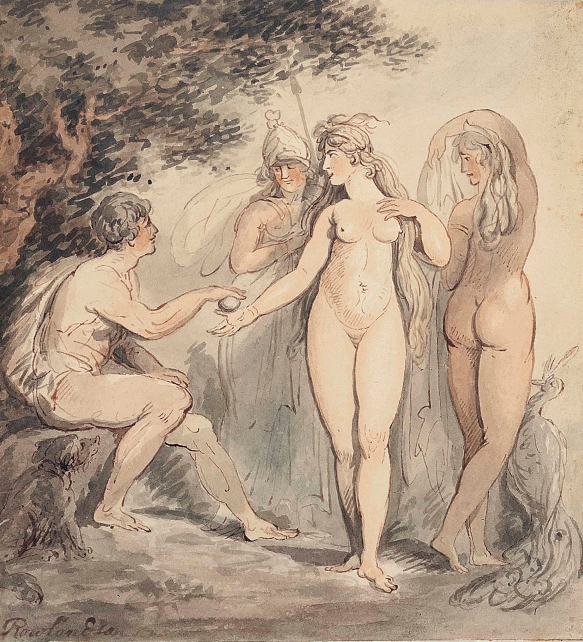 The Judgement of Paris, signerad "Rowlandson" (nere till vänster) penna och brunt bläck samt akvarell, 7 ¼ x 6 ¾ in. (18,4 x 17,2 cm) av Thomas Rowlandson