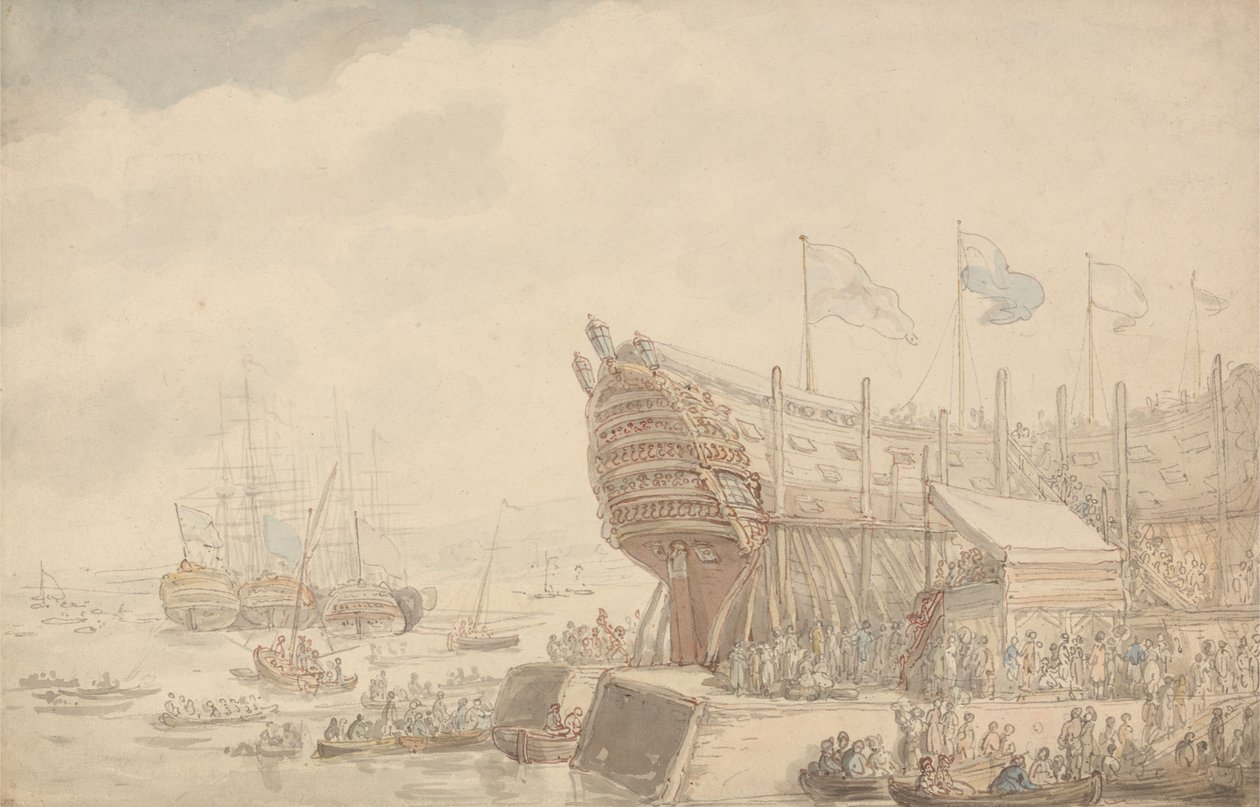 Sjösättningen av H.M.S. ”Hibernia” 1804 av Thomas Rowlandson