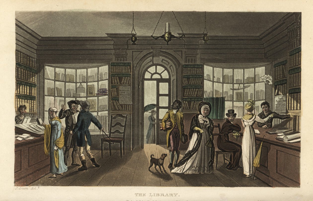 Biblioteket. Kunder, inklusive en kvinna och hennes svarta tjänare, tittar på nya böcker i ett cirkulerande bibliotek (kanske Ainsworths eller Saums eller Whitings). Handkolorerad kopparstick av Thomas Rowlandson efter en skiss av J. Green från Poetical S av Thomas Rowlandson