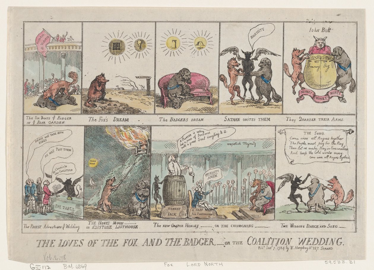 Rävens och grävlingens kärlek, eller koalitionens bröllop. , 7 januari 1784., 7 januari 1784. av Thomas Rowlandson