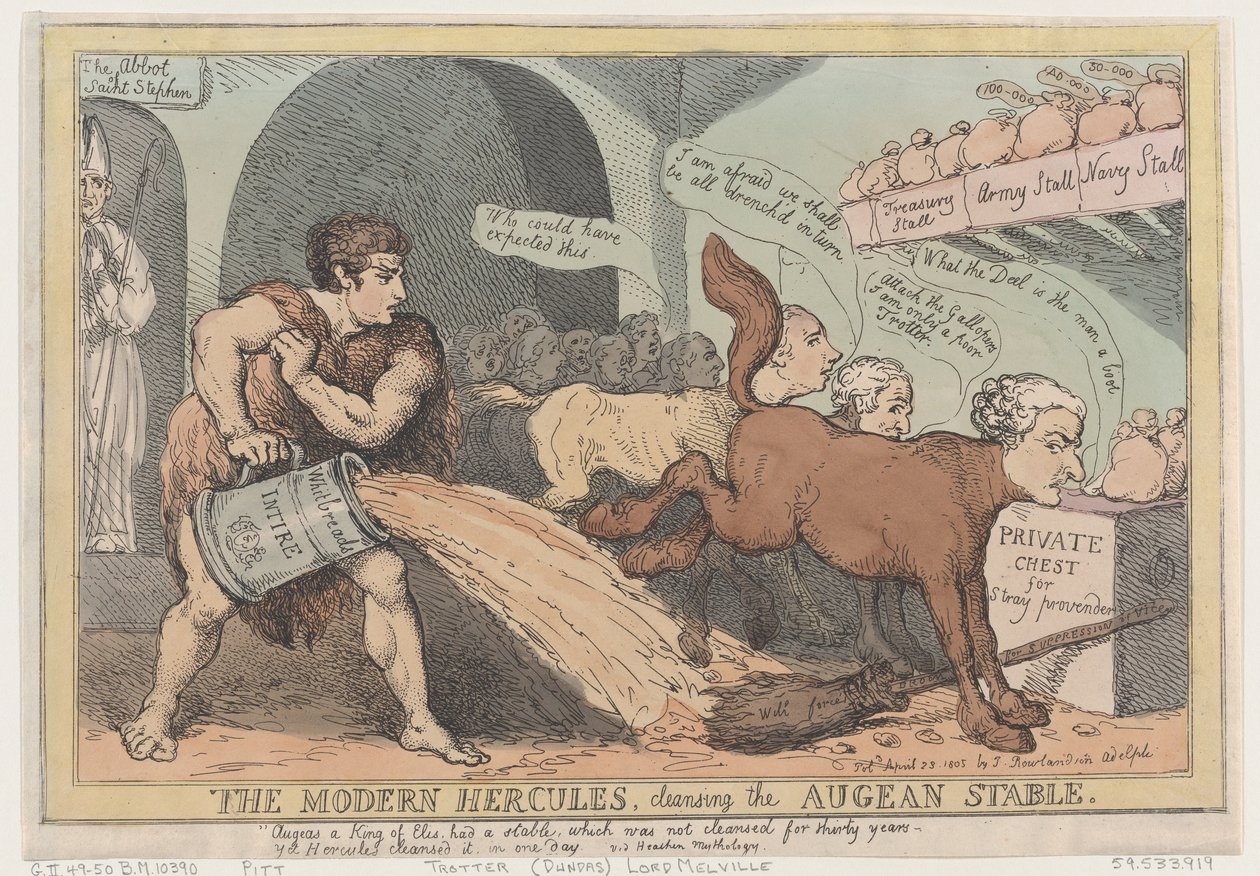 The Modern Hercules, Cleansing the Augian Stable, 23 april 1805., 23 april 1805. av Thomas Rowlandson