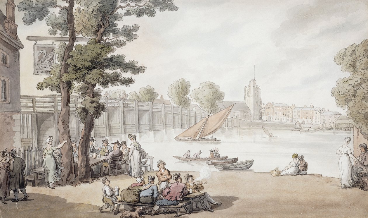 The Old Swan Inn, med utsikt över Putney bridge bortom, av Thomas Rowlandson