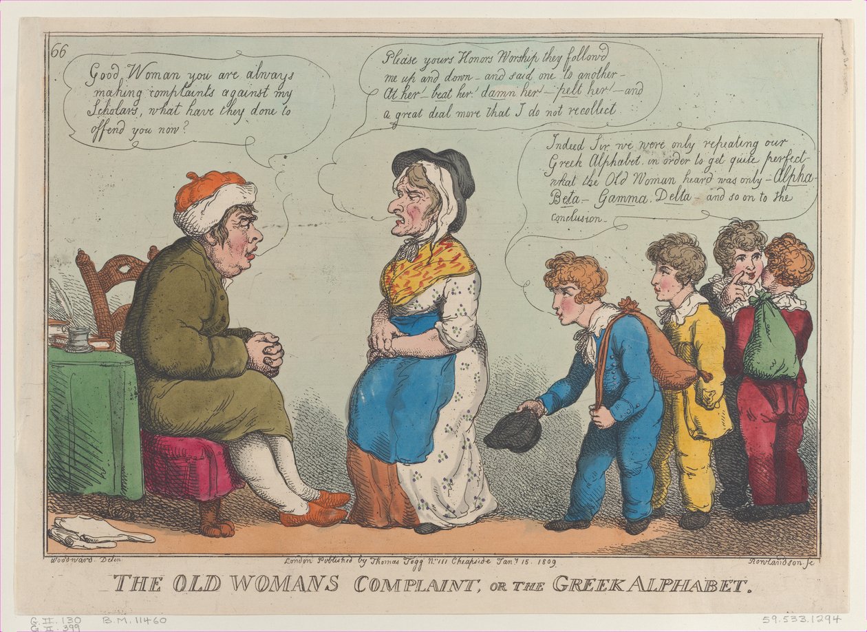 The Old Womans Complaint, eller det grekiska alfabetet, 15 januari 1809., 15 januari 1809. av Thomas Rowlandson