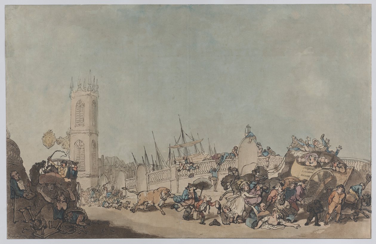 ”The Overdrove Ox” (Den galna tjuren på Westminster Bridge) av Thomas Rowlandson