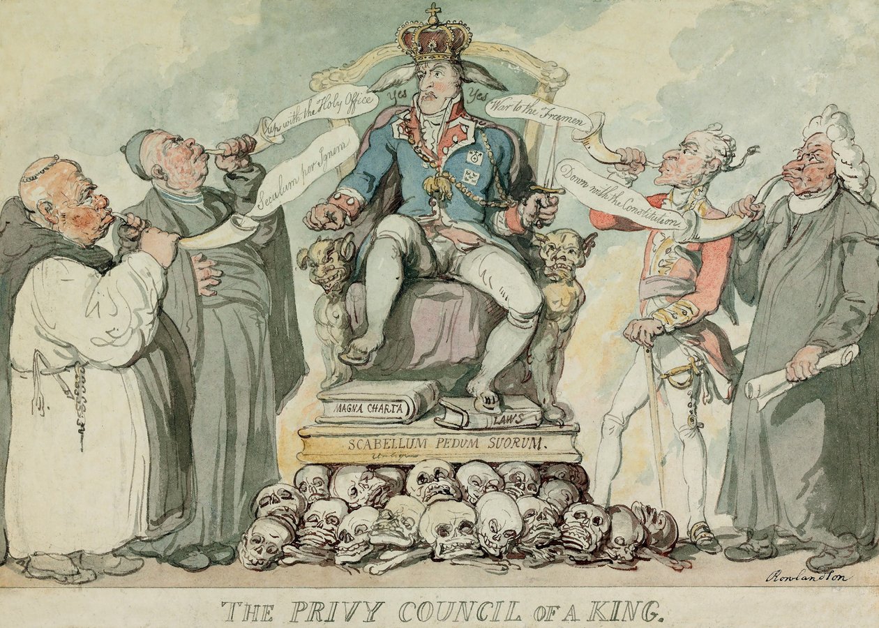 The Privy Council of a King, pub. 1815 (handfärgad gravyr) av Thomas Rowlandson