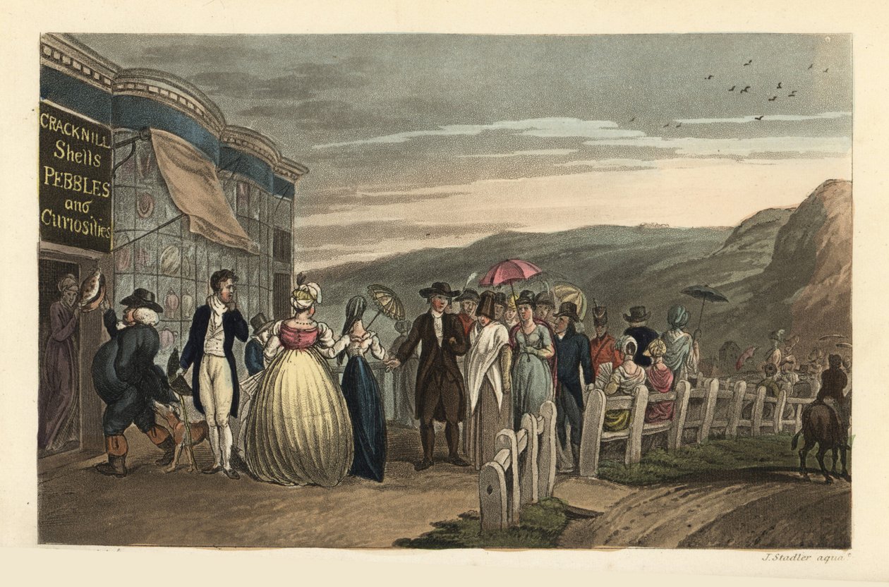 The Promenade: fashionabla turister som promenerar utanför Cracknill Shells, Pebbles and Curiosities Shop. Handkolorerad kopparstick av Thomas Rowlandson, akvatint av J.C. Stadler, efter en skiss av J. Green från Poetical Sketches of Scarborough, Acker av Thomas Rowlandson