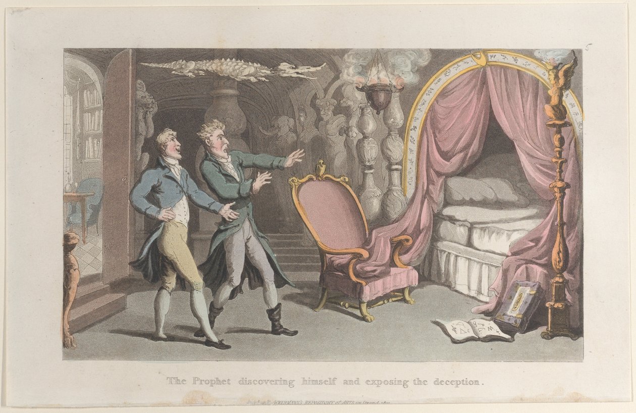Profeten som upptäcker sig själv och avslöjar bedrägeriet, från Journal of Sentimental T..., 1821. av Thomas Rowlandson