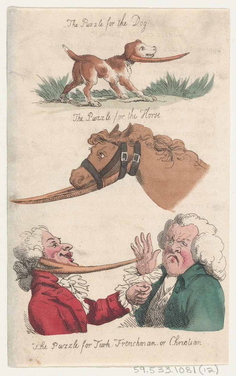 The Puzzle for the Dog, The Puzzle for the Horse, The Puzzle for Turk, Frenchman, or Chris..., 1808. av Thomas Rowlandson