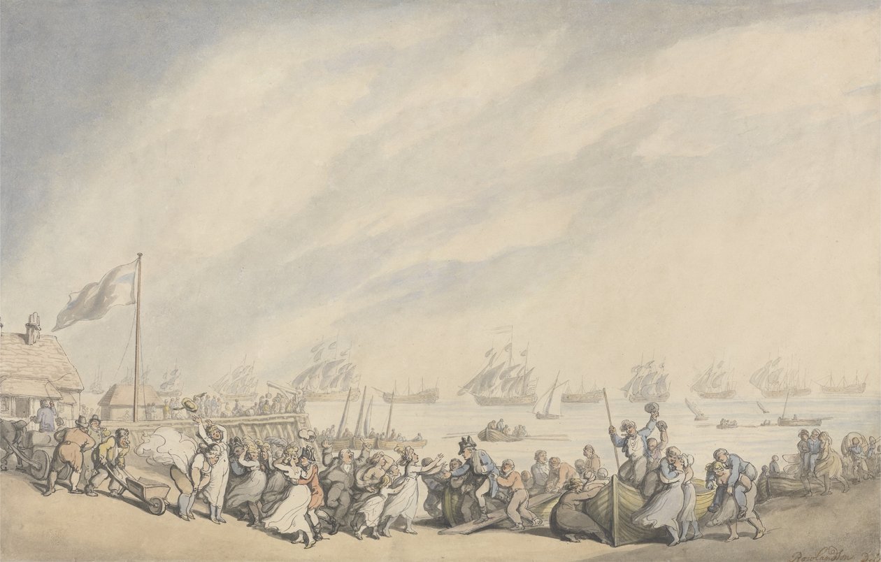 Flottans återkomst till Great Yarmouth efter holländarnas nederlag 1797, ca 1797 (penna & bläck och akvarell på papper) av Thomas Rowlandson