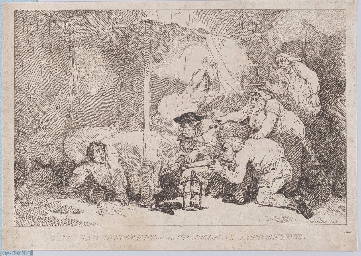 Den sorgliga upptäckten om den okänsliga lärlingen av Thomas Rowlandson