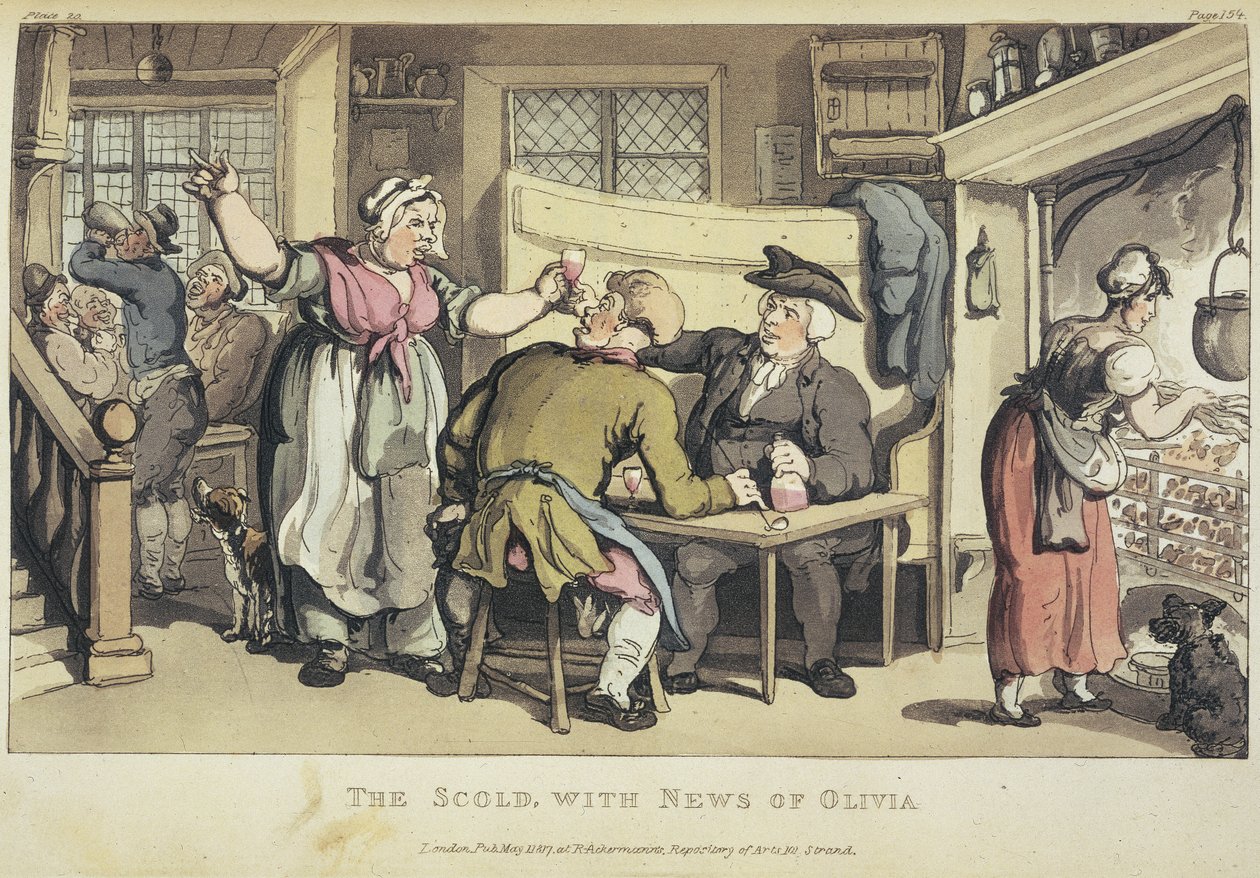 The Scold med nyheter om Olivia, från "The Vicar of Wakefield" av Oliver Goldsmith av Thomas Rowlandson