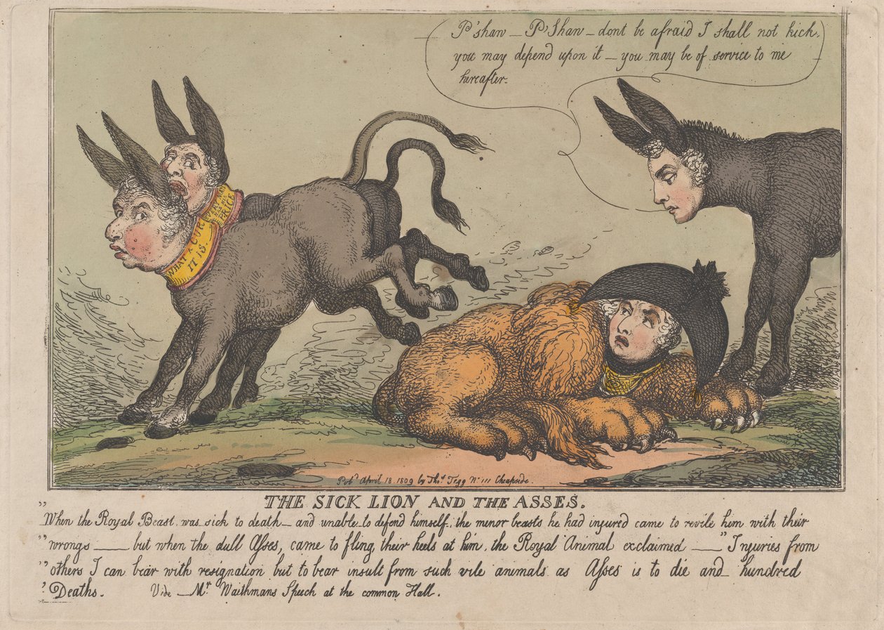 Det sjuka lejonet och åsnorna, 18 april 1809, 18 april 1809. av Thomas Rowlandson