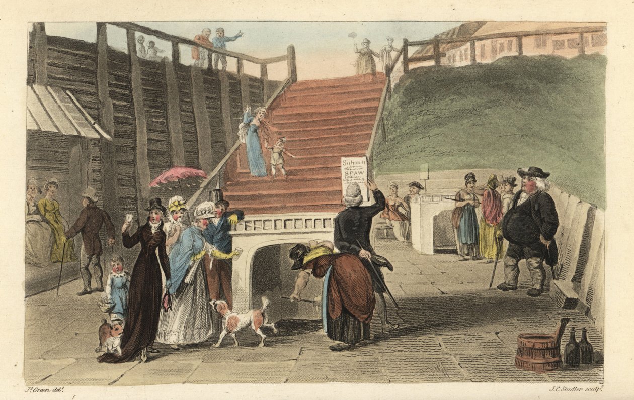 The Spa Wells: Turister som dricker spavattnet från brunnarna vid Scarborough Spaw. Handkolorerad kopparstick av Thomas Rowlandson, akvatint av J. C. Stadler, efter en skiss av J. Green från Poetical Sketches of Scarborough, Ackermann, London av Thomas Rowlandson