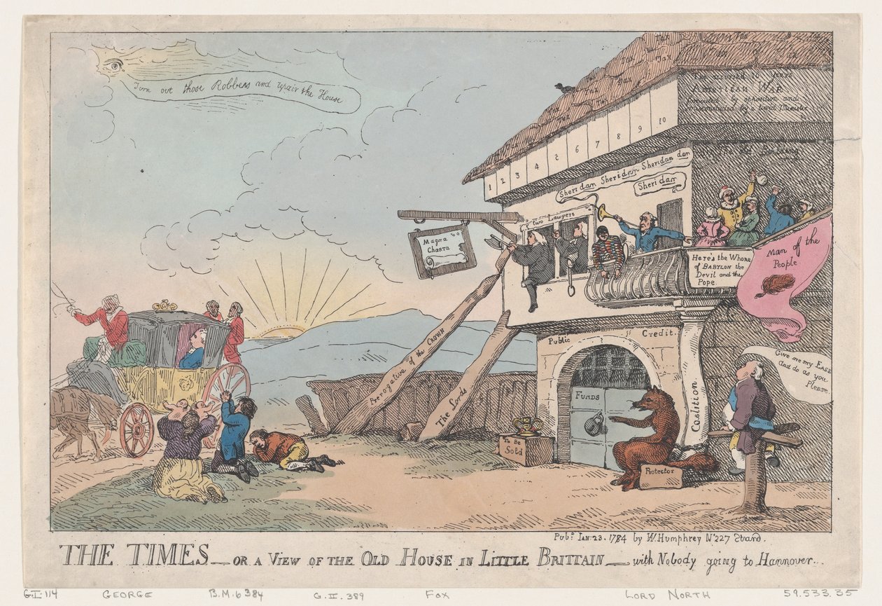 The Times - eller en utsikt över det gamla huset i lilla Storbritannien - med ingen som går ..., 23 januari 1784. av Thomas Rowlandson